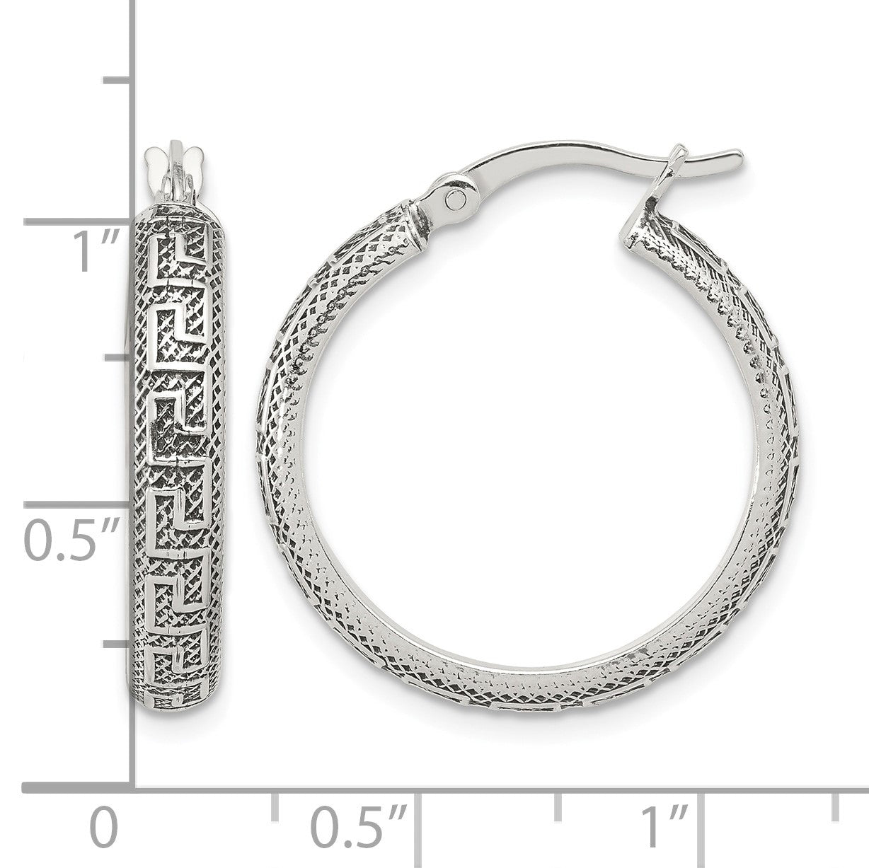 Sterling Silver Antiqued/Textured Greek Key LG Round Hoop Earrings