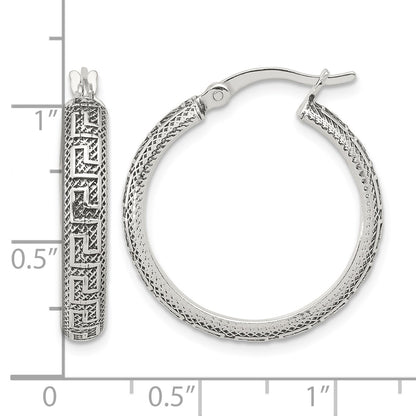 Sterling Silver Antiqued/Textured Greek Key LG Round Hoop Earrings