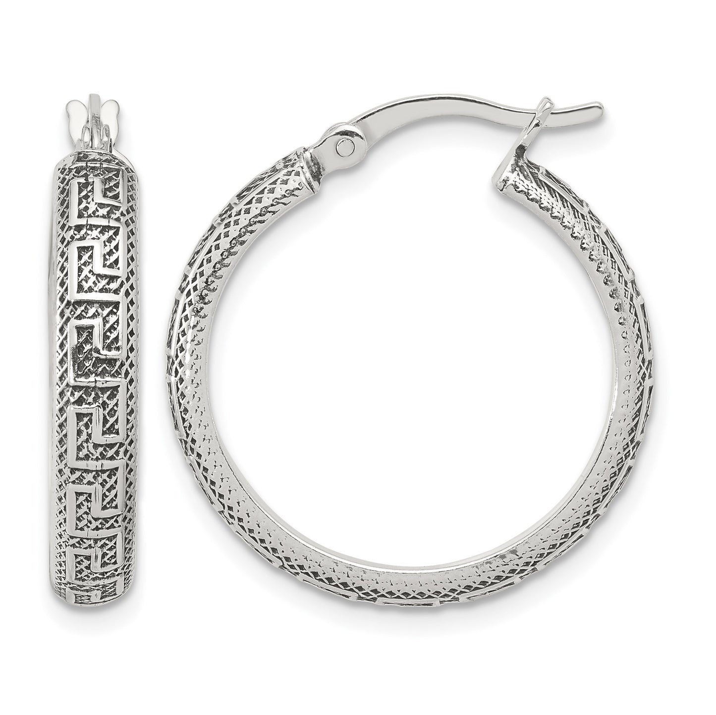 Sterling Silver Antiqued/Textured Greek Key LG Round Hoop Earrings