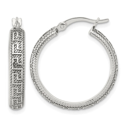 Sterling Silver Antiqued/Textured Greek Key LG Round Hoop Earrings