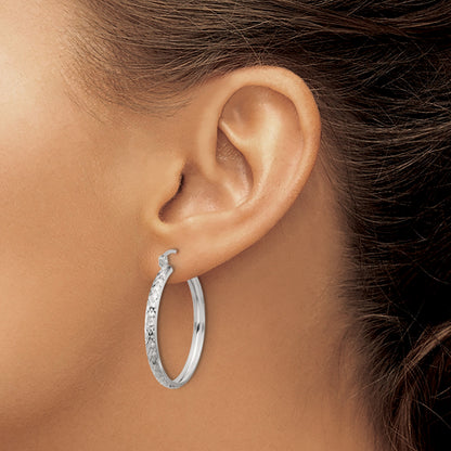 Sterling Silver Polished Diamond-Cut 3mm Round Hoop Earrings