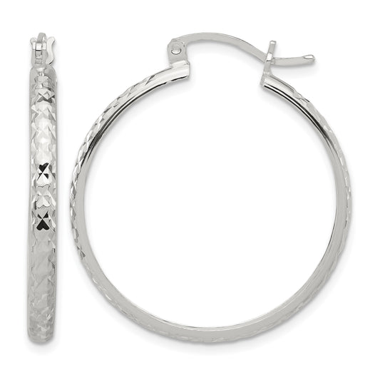 Sterling Silver Polished Diamond-Cut 3mm Round Hoop Earrings