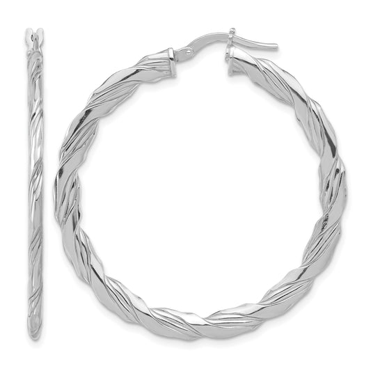 Sterling Silver RH-plated Polished and Textured Twisted Hoop Earrings