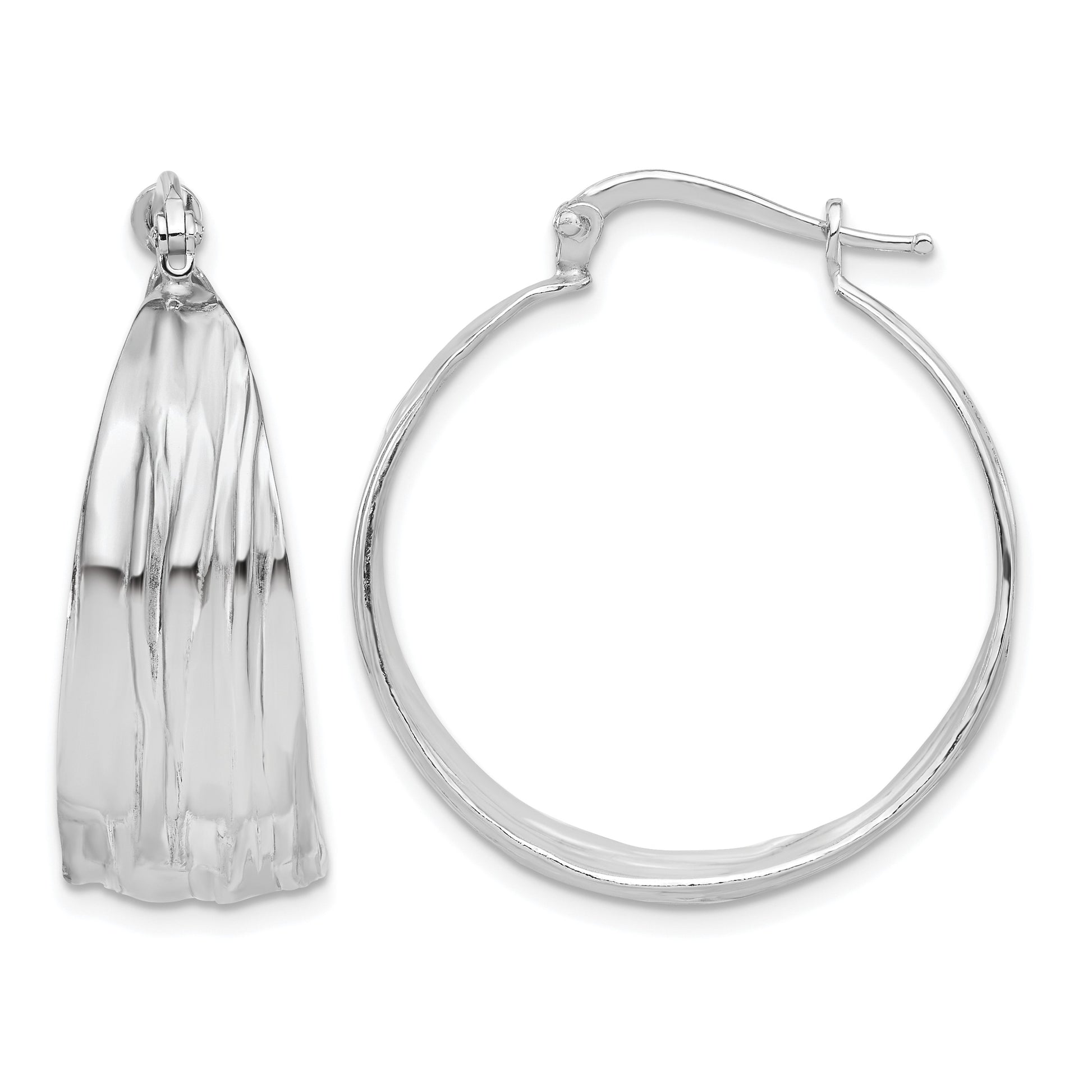 Sterling Silver RH-Plated Textured and Tapered MED Round Hoop Earrings