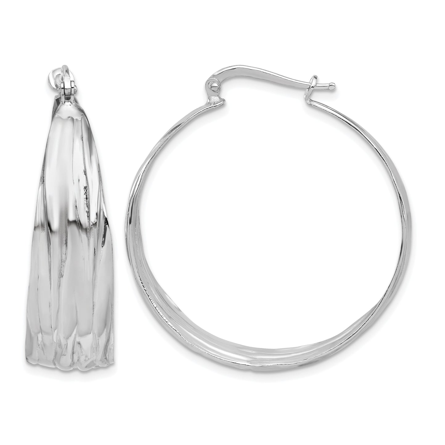 Sterling Silver RH-Plated Textured and Tapered LG Round Hoop Earrings