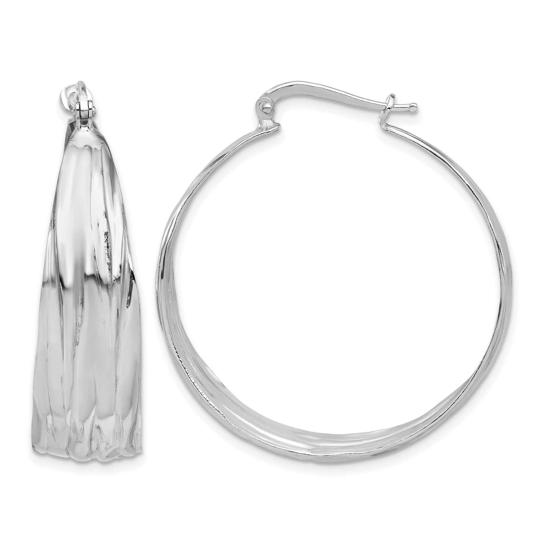 Sterling Silver RH-Plated Textured and Tapered LG Round Hoop Earrings