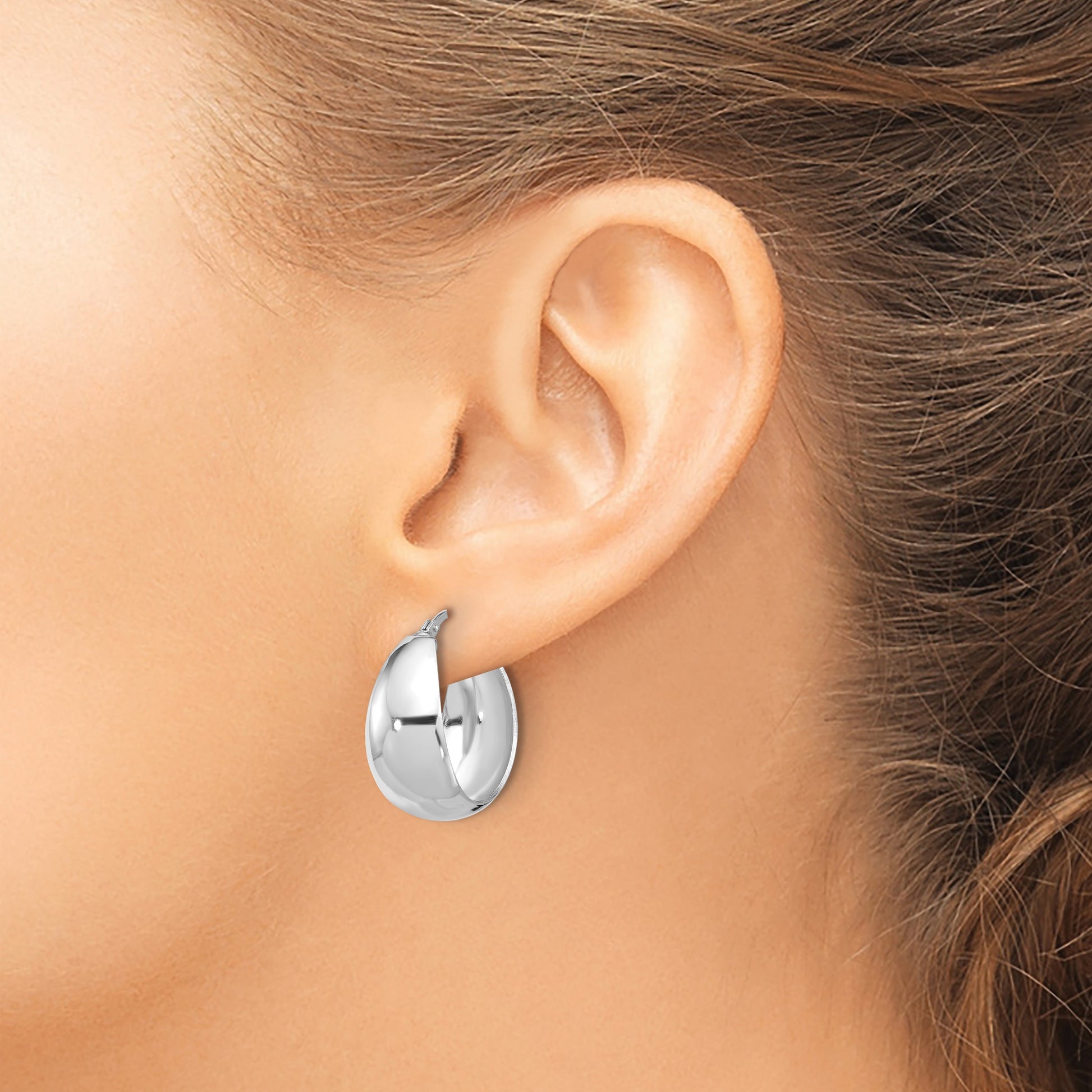 Sterling Silver RH-plated Polished Tapered Round LG Hoop Earrings