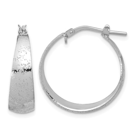 Sterling Silver RH-plated Sparkle Texture Tapered Round Hoop Earrings