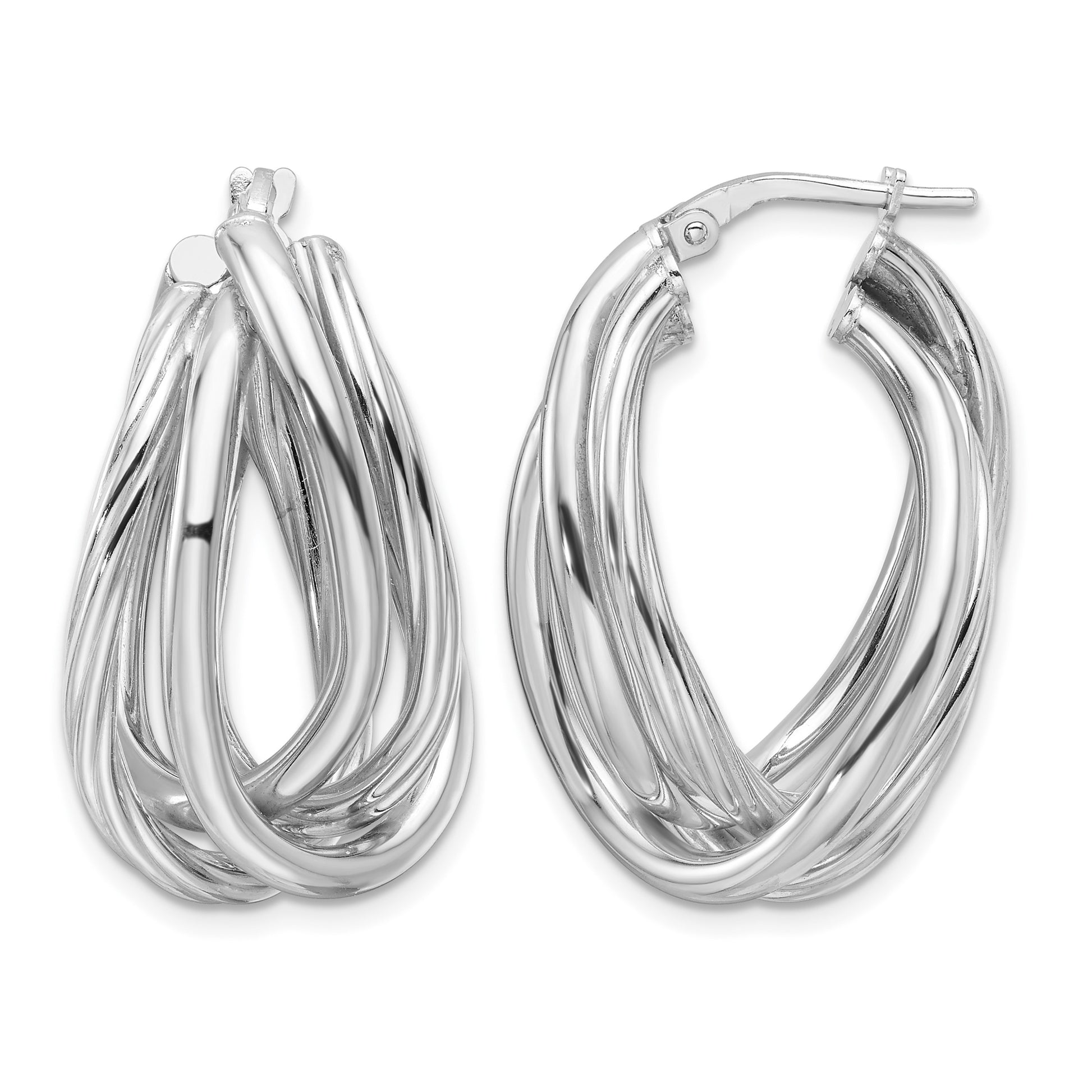 Sterling Silver RH-plated Polished and Twisted Fancy Oval Hoop Earrings