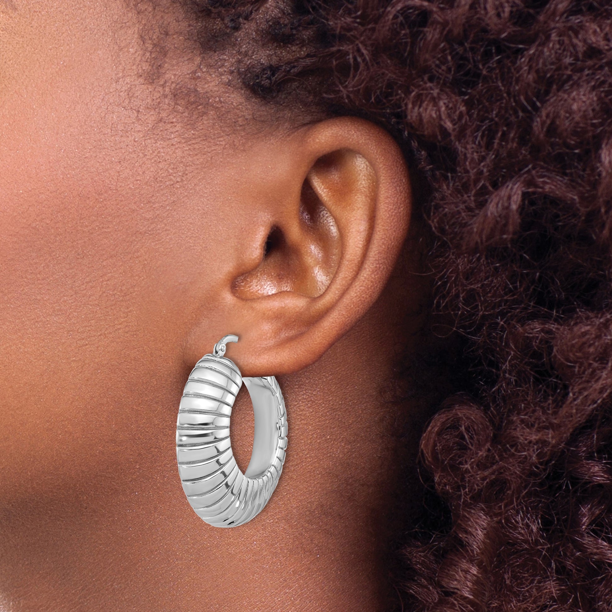 Sterling Silver RH-plated Polished and Striped Large Round Hoop Earrings