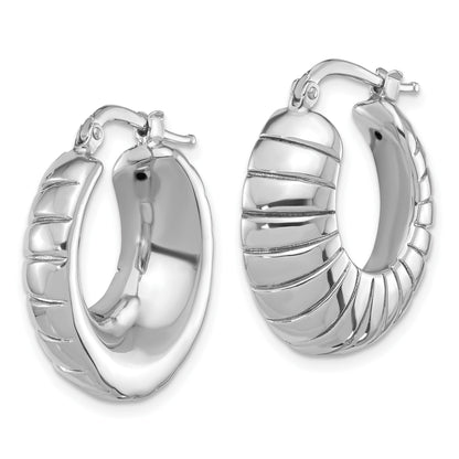 Sterling Silver RH-plated Polished & Striped Small Round Hoop Earrings