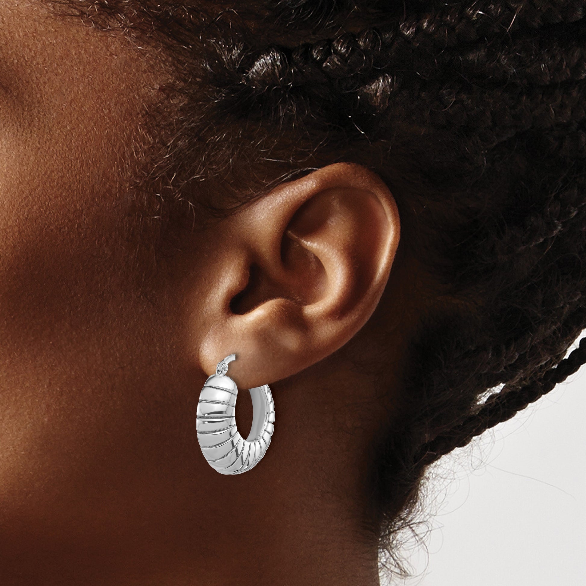 Sterling Silver RH-plated Polished & Striped Small Round Hoop Earrings