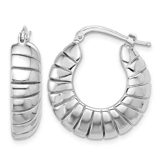 Sterling Silver RH-plated Polished & Striped Small Round Hoop Earrings