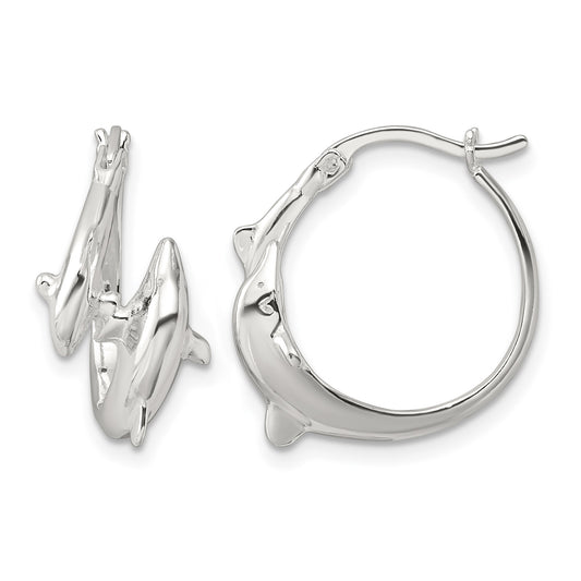Sterling Silver Polished Dolphins Round Hoop Earrings