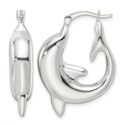 Sterling Silver Polished Dolphin Round Hoop Earrings