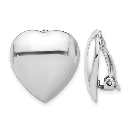 Sterling Silver Rhod-plated Polished Heart Clip Non-Pierced Earrings