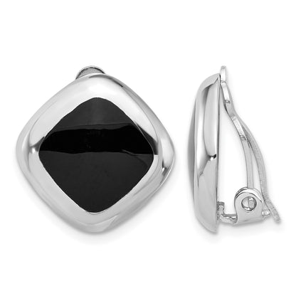 Sterling Silver RH-plated Black Onyx Square Non-Pierced Earrings