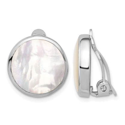 Sterling Silver RH-plated Mother of Pearl Round Non-Pierced Earrings