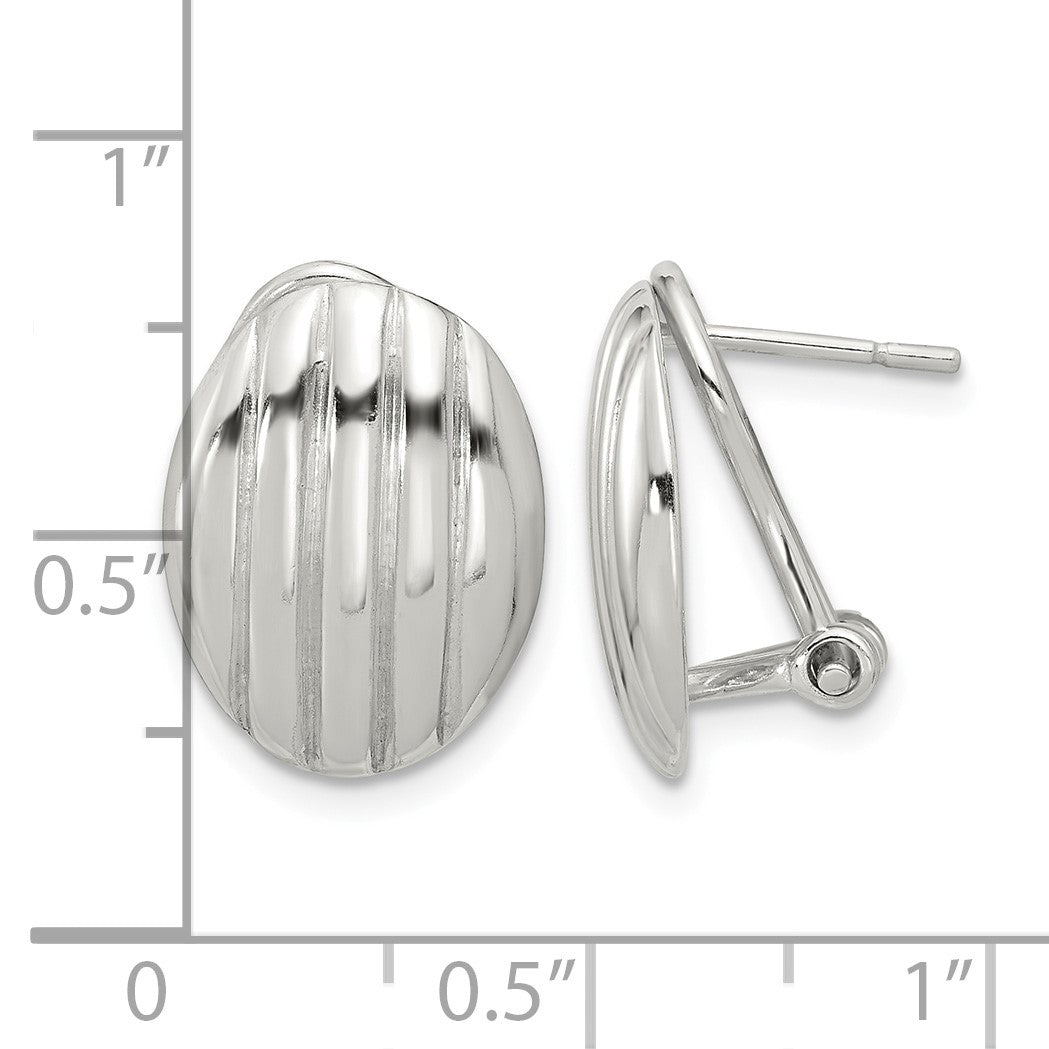 Sterling Silver Polished and Striped Texture Oval Omega Back Earrings