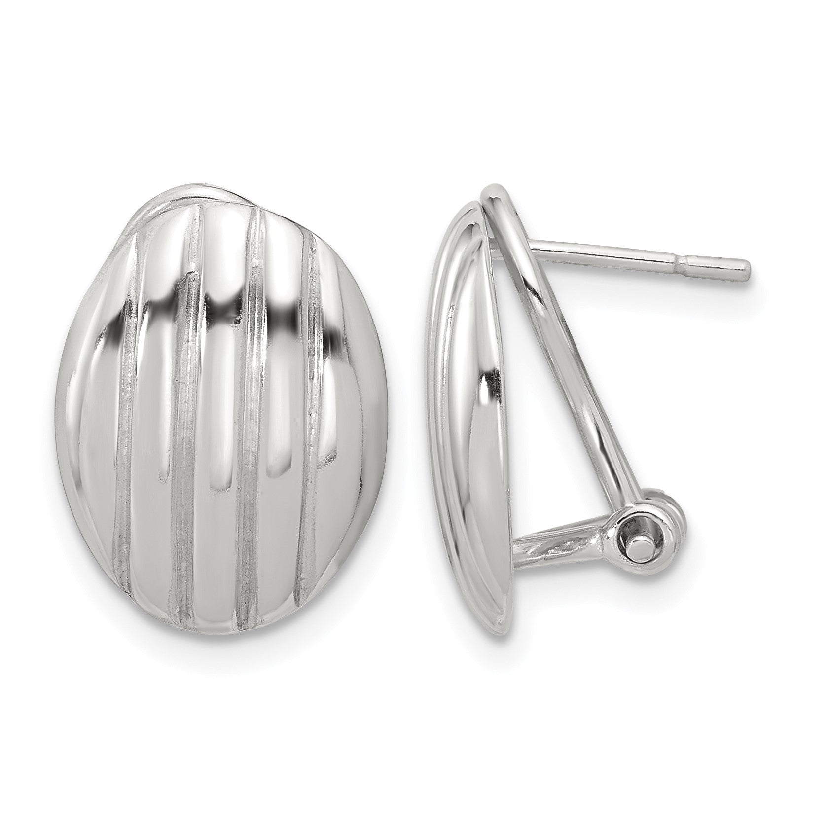Sterling Silver Polished and Striped Texture Oval Omega Back Earrings