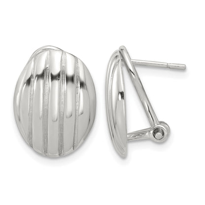 Sterling Silver Polished and Striped Texture Oval Omega Back Earrings