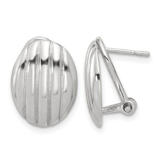 Sterling Silver Polished and Striped Texture Oval Omega Back Earrings