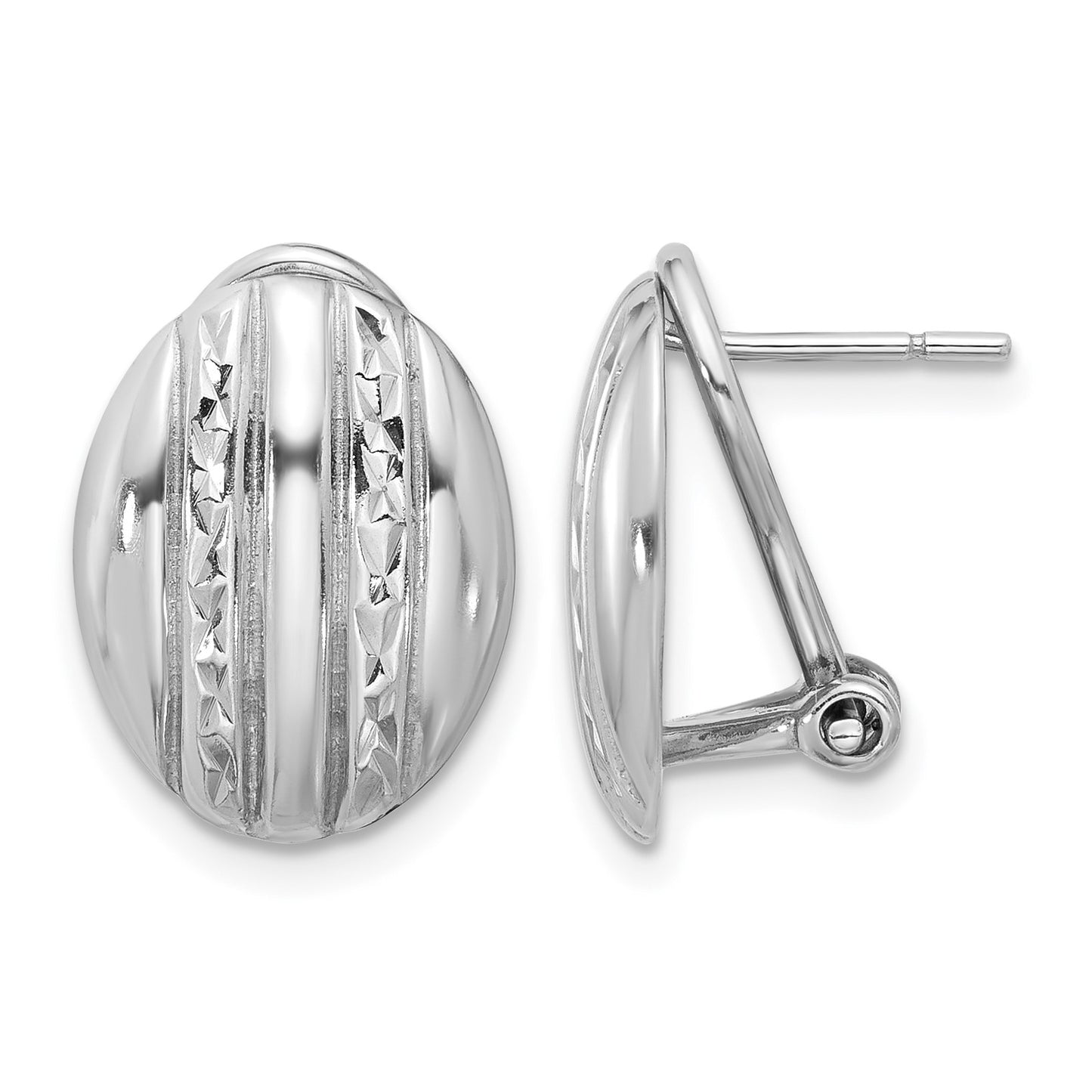 Sterling Silver RH-plated Polished Textured Oval Omega Back Earrings