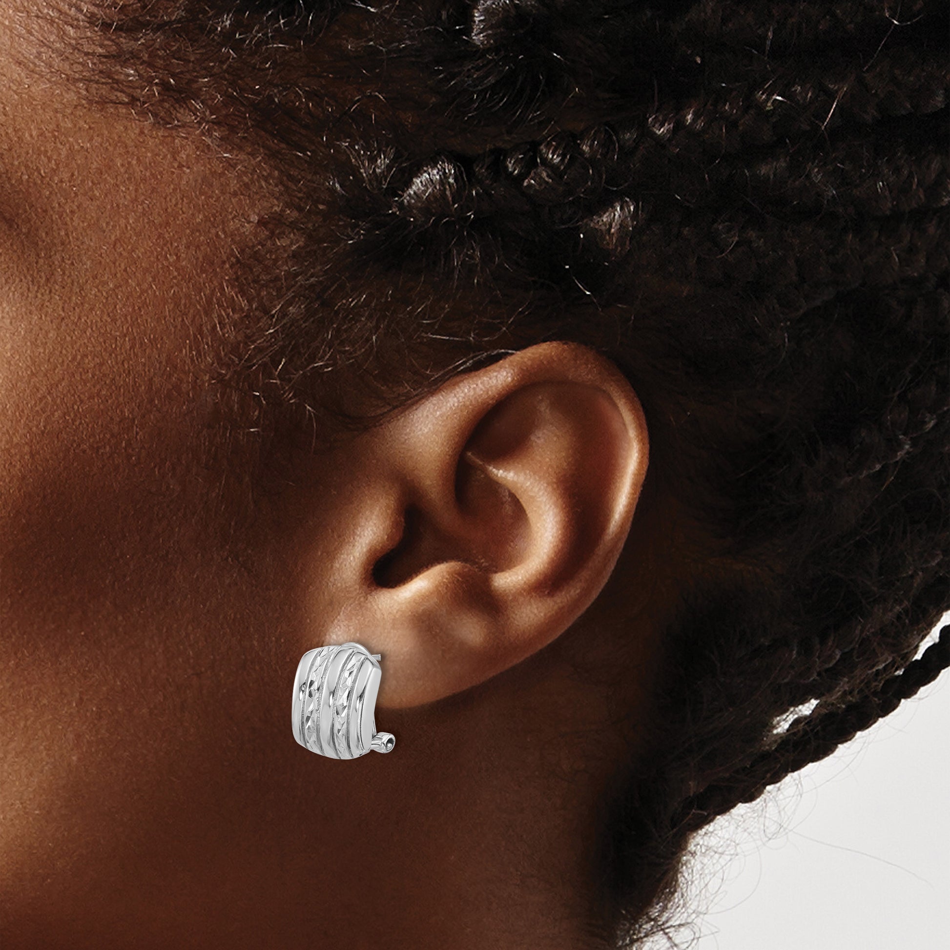 Sterling Silver Rhod-plated Polished and Textured Omega Back Earrings