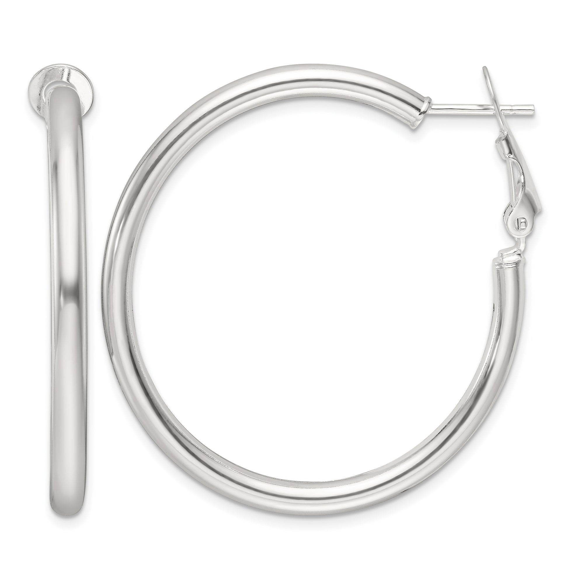 Sterling Silver Polished 40x3.25mm Omega Back Round Hoop Earrings