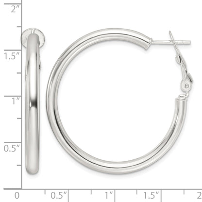 Sterling Silver Polished 3.25mm Omega Back Round Hoop Earrings