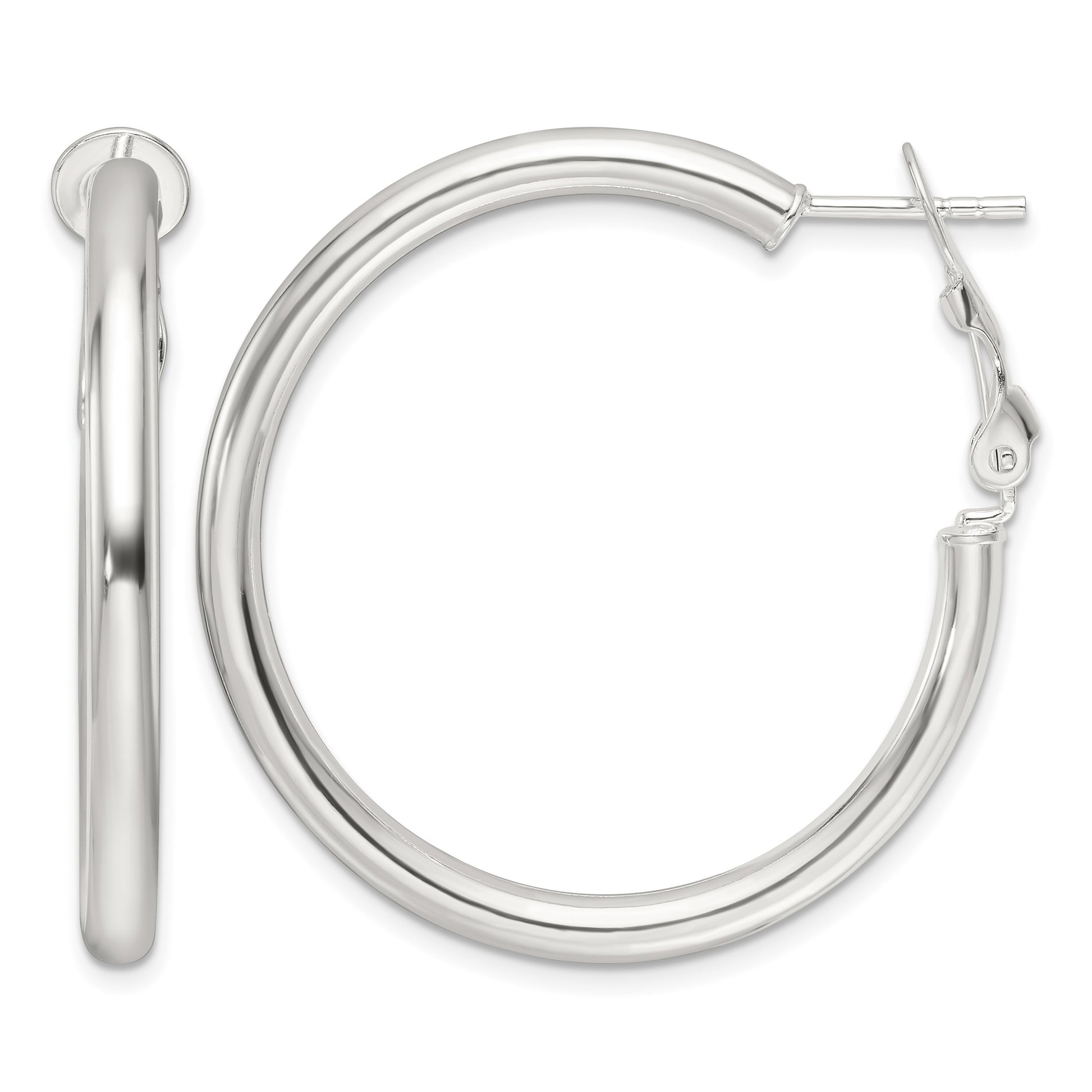 Sterling Silver Polished 3.25mm Omega Back Round Hoop Earrings