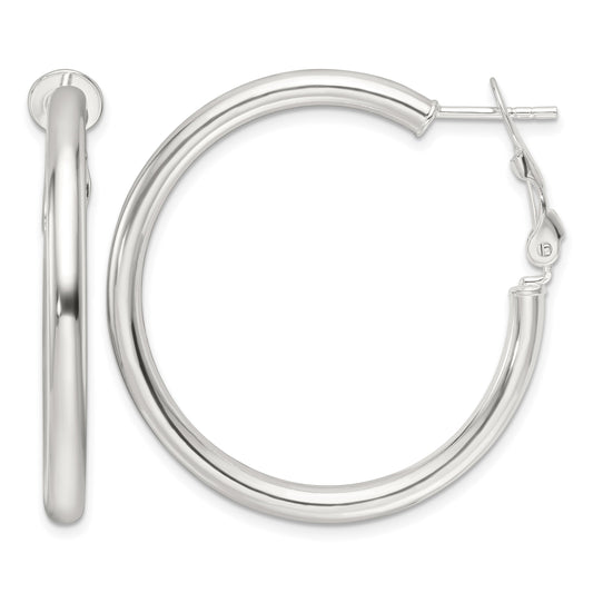 Sterling Silver Polished 3.25mm Omega Back Round Hoop Earrings