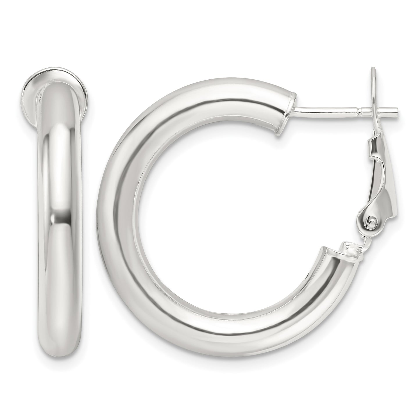 Sterling Silver Polished 25.5x4mm Omega Back Round Hoop Earrings