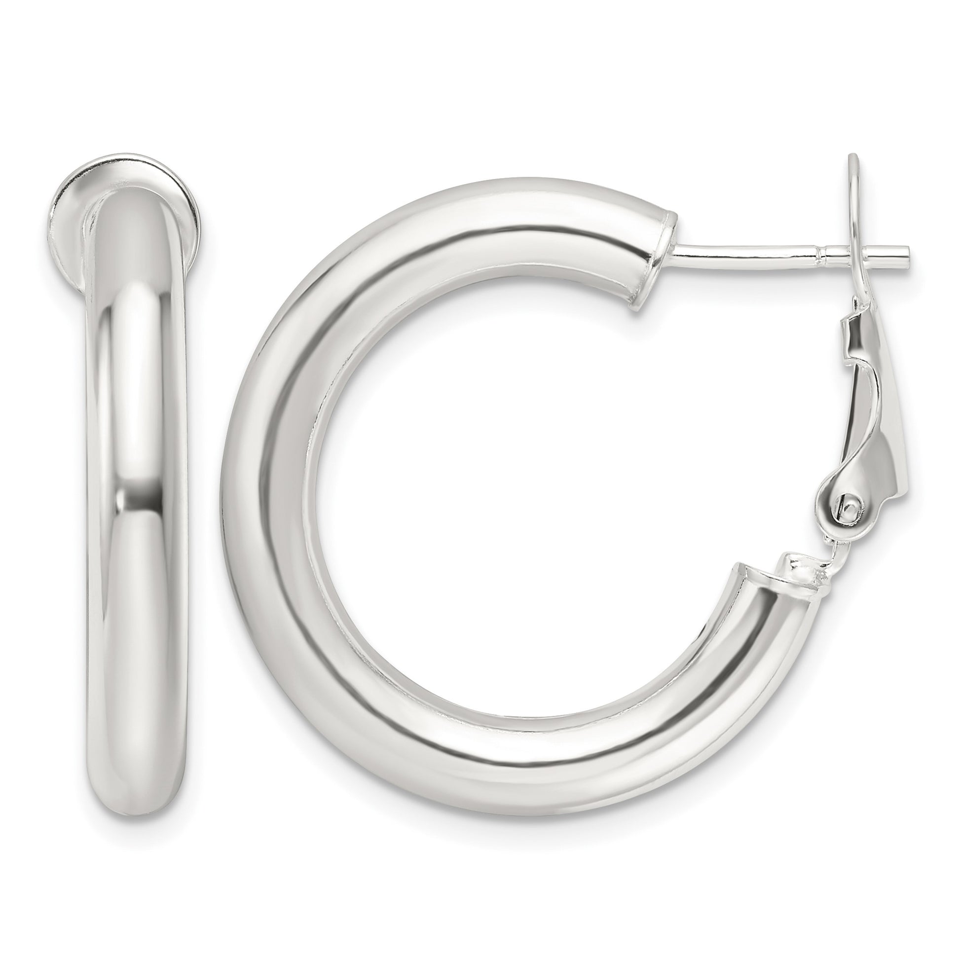 Sterling Silver Polished 25.5x4mm Omega Back Round Hoop Earrings