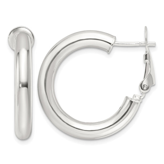 Sterling Silver Polished 25.5x4mm Omega Back Round Hoop Earrings