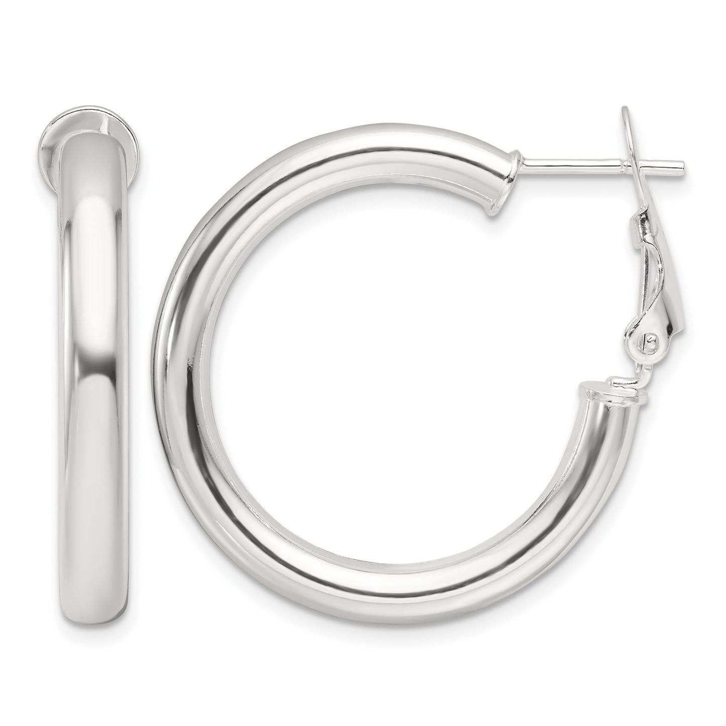Sterling Silver Polished 30x4mm Omega Back Round Hoop Earrings