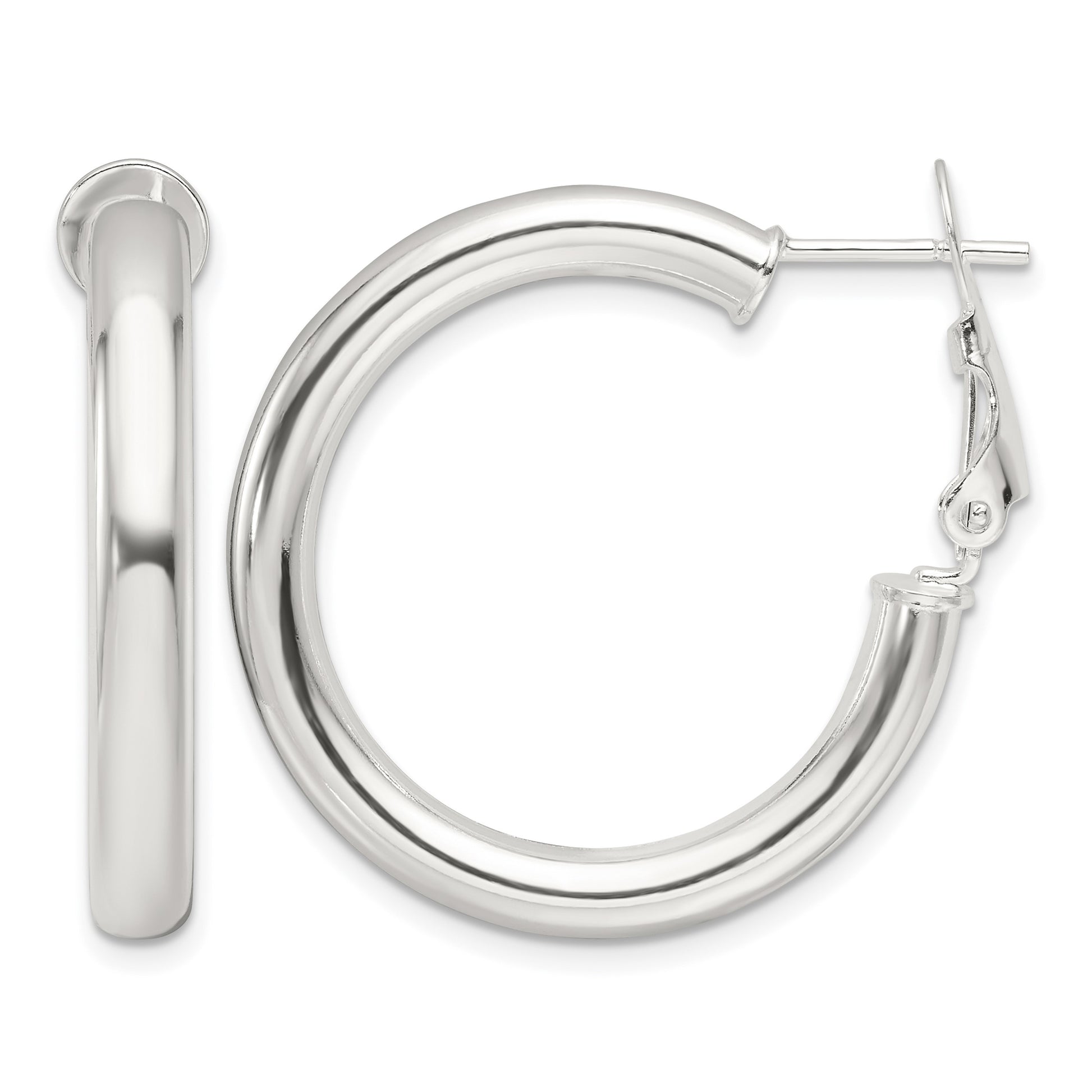 Sterling Silver Polished 30x4mm Omega Back Round Hoop Earrings