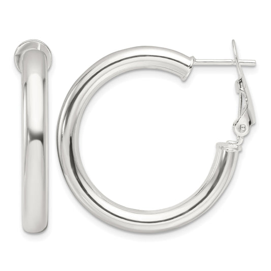 Sterling Silver Polished 30x4mm Omega Back Round Hoop Earrings