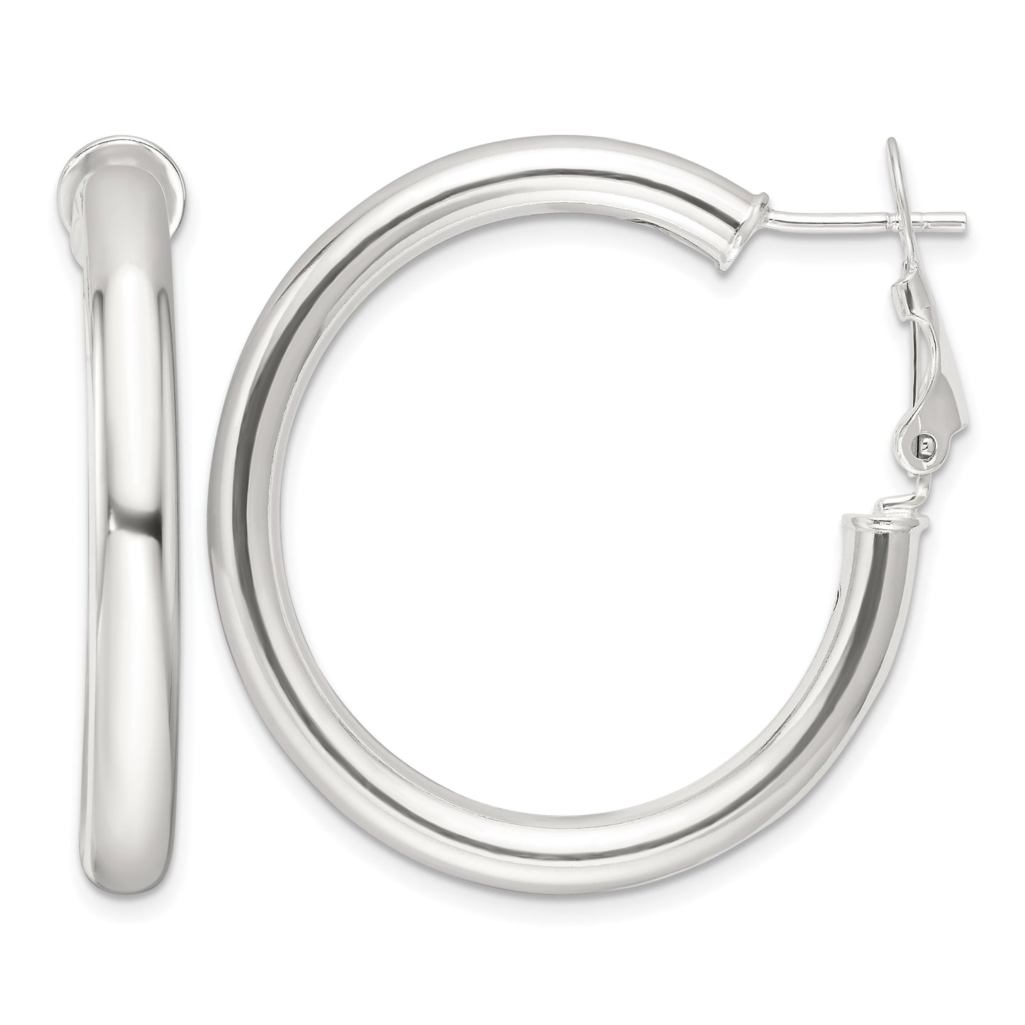 Sterling Silver Polished 4mm Omega Back Round Hoop Earrings