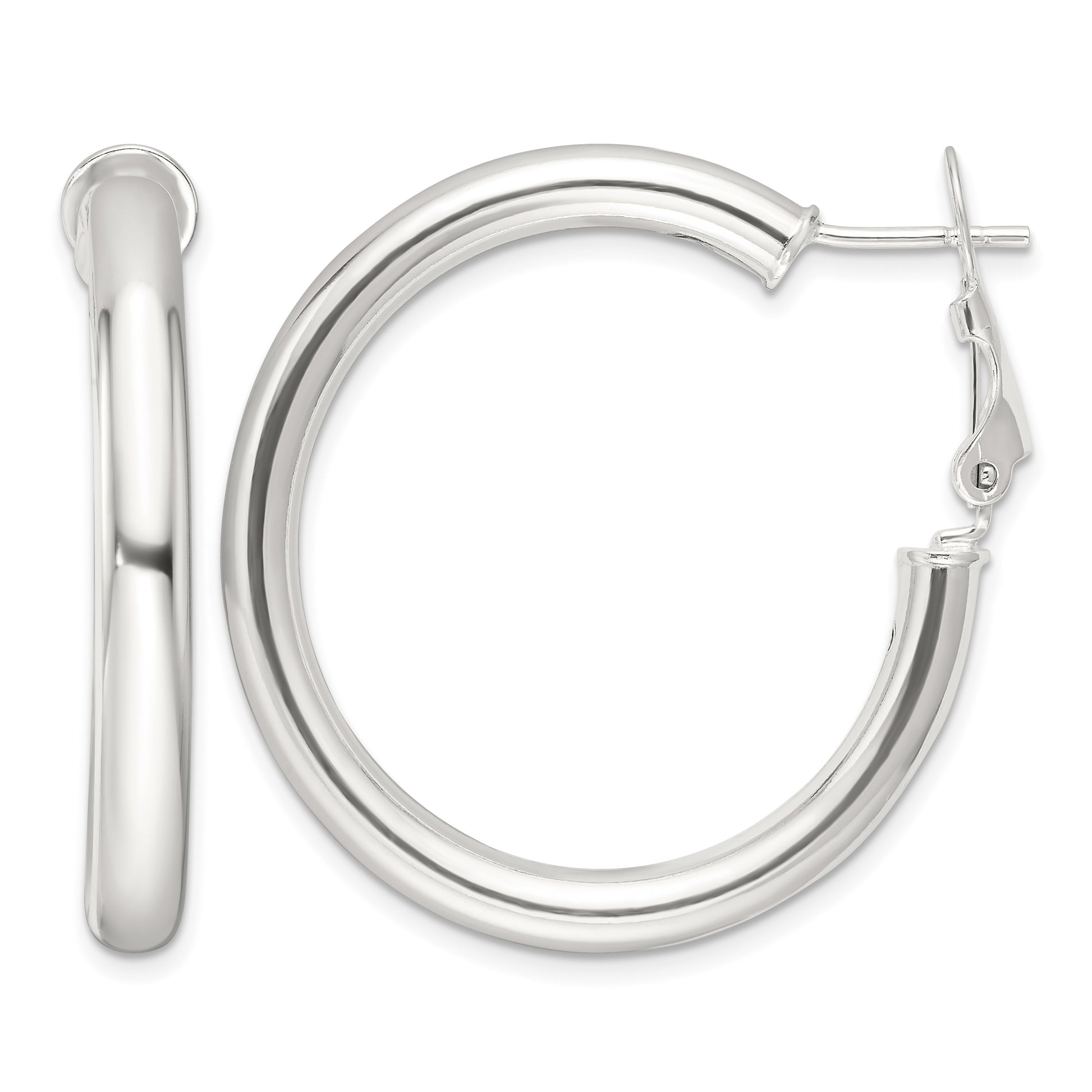 Sterling Silver Polished 4mm Omega Back Round Hoop Earrings