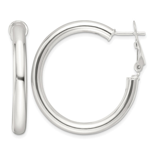 Sterling Silver Polished 4mm Omega Back Round Hoop Earrings