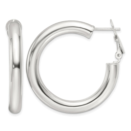 Sterling Silver Polished 35x5mm Omega Back Round Hoop Earrings