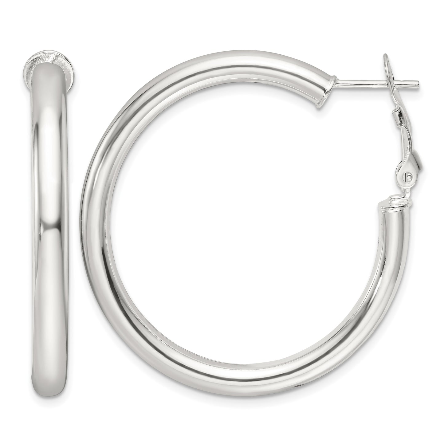 Sterling Silver Polished 40x4mm Omega Back Round Hoop Earrings