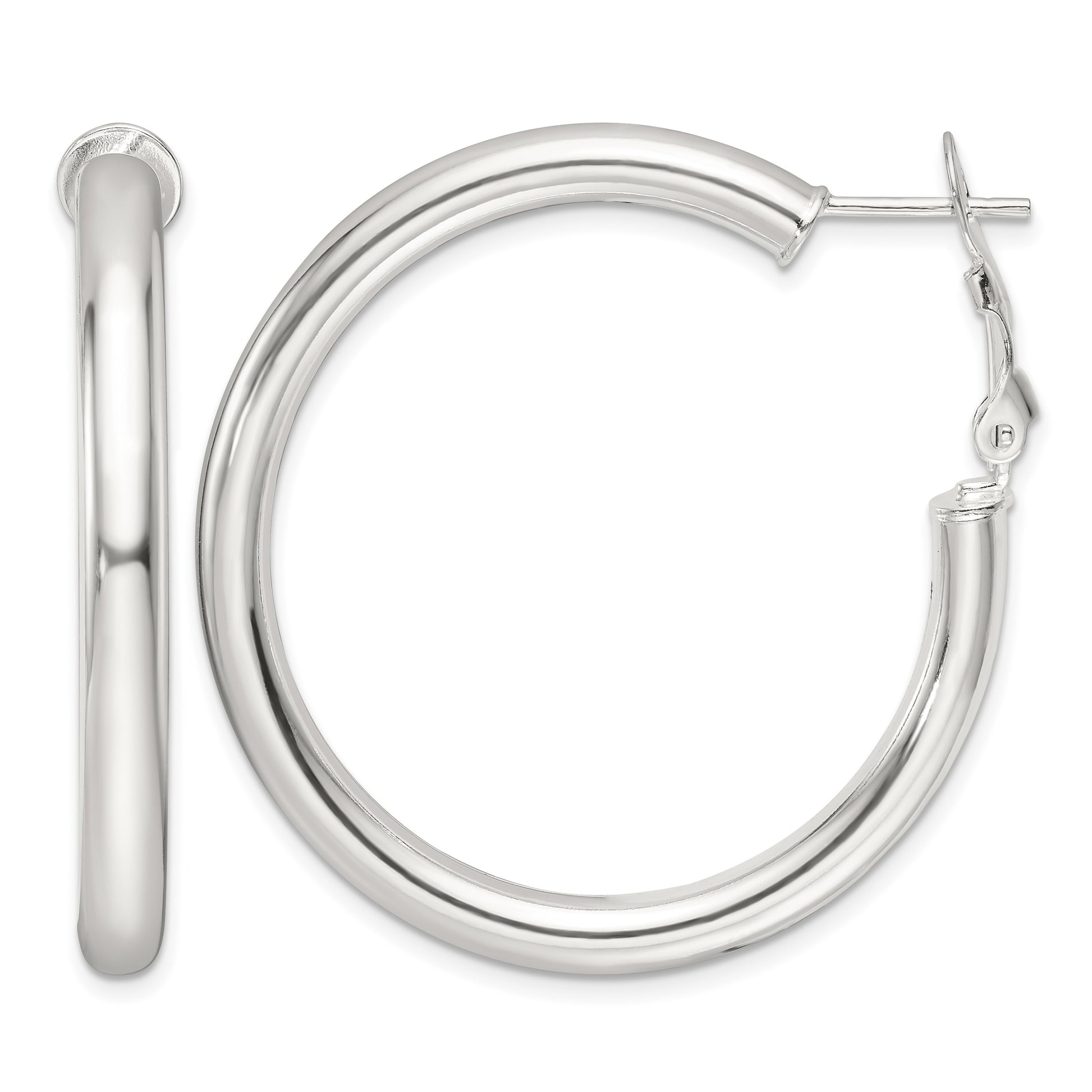 Sterling Silver Polished 40x4mm Omega Back Round Hoop Earrings