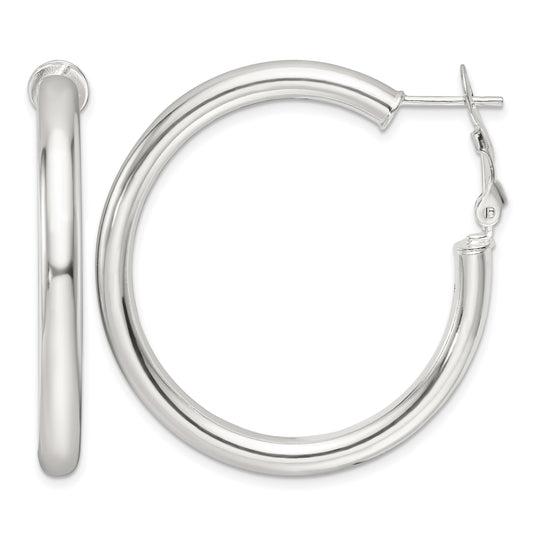 Sterling Silver Polished 40x4mm Omega Back Round Hoop Earrings