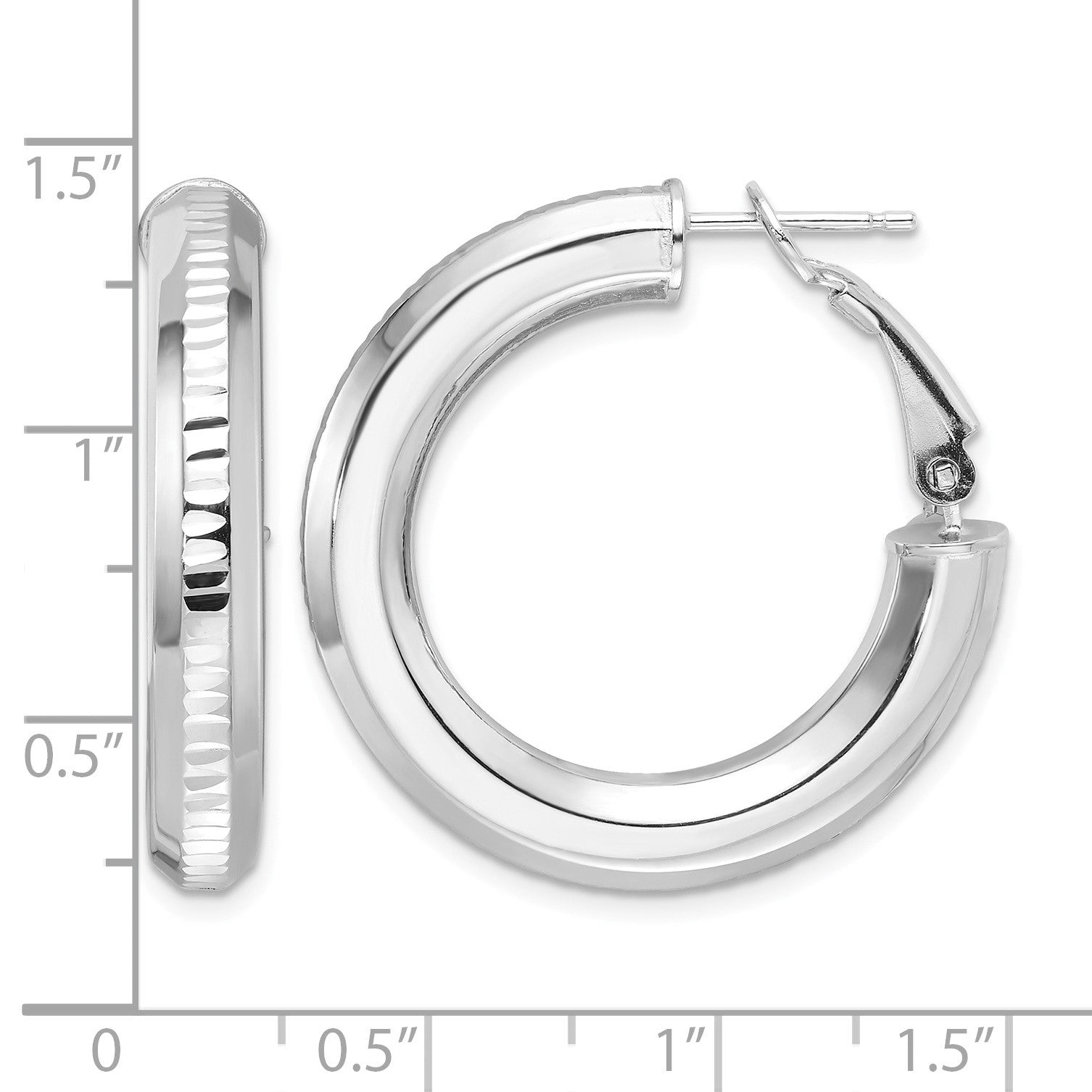 Sterling Silver RH-pltd D/C 4.75mm Omega Back Round Hoop Earrings