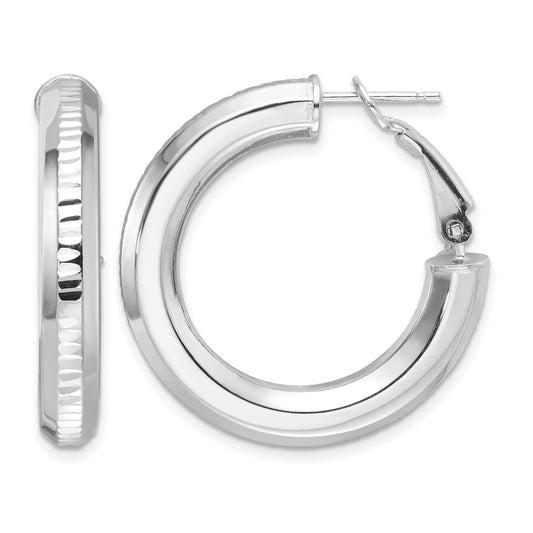Sterling Silver RH-pltd D/C 4.75mm Omega Back Round Hoop Earrings