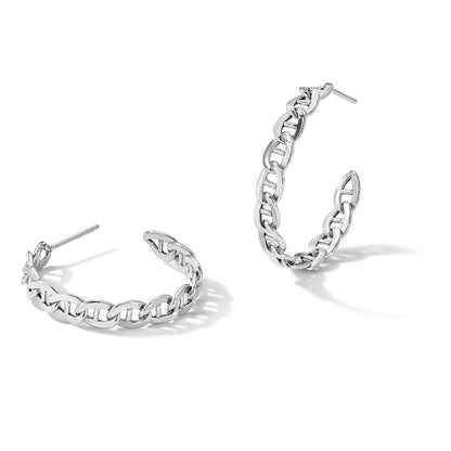 Sterling Silver Rhodium-plated Anchor Link C-Hoop Earrings