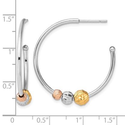 Sterling Silver RH-plated Rose/Gold-tone D/C Beaded C-Hoop Earrings