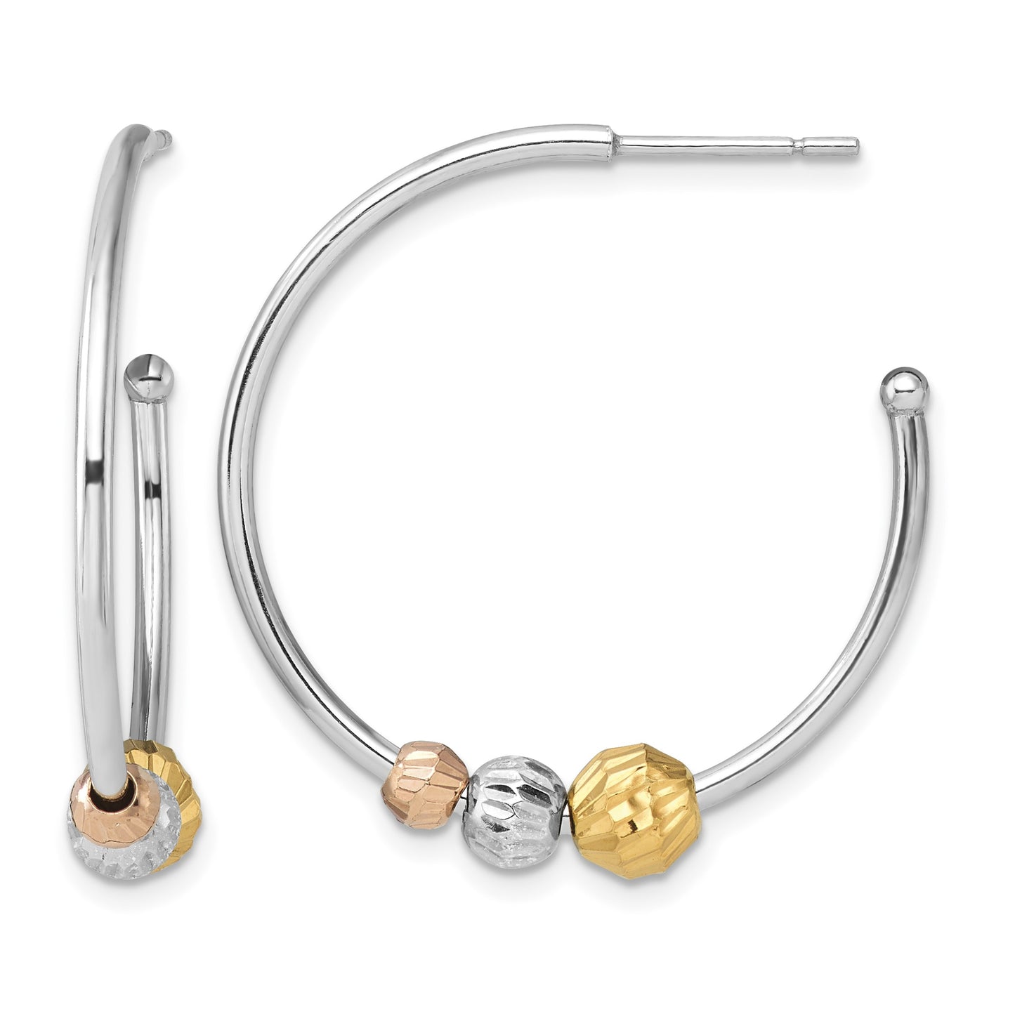 Sterling Silver RH-plated Rose/Gold-tone D/C Beaded C-Hoop Earrings